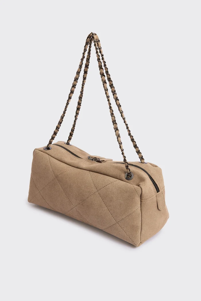 Silhouette Chain Planet Suede Τσάντα Ώμου Μπεζ Large - Image 4